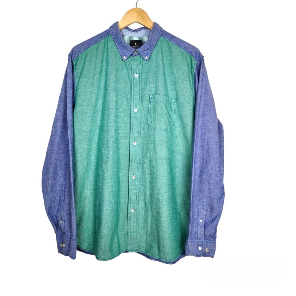 Hawkings McGill Cotton Blue Green Button Down Shirt Long Sleeve Men's L